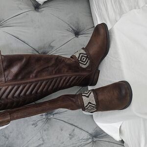 Brown Knee-High Boots with Patterned Detail